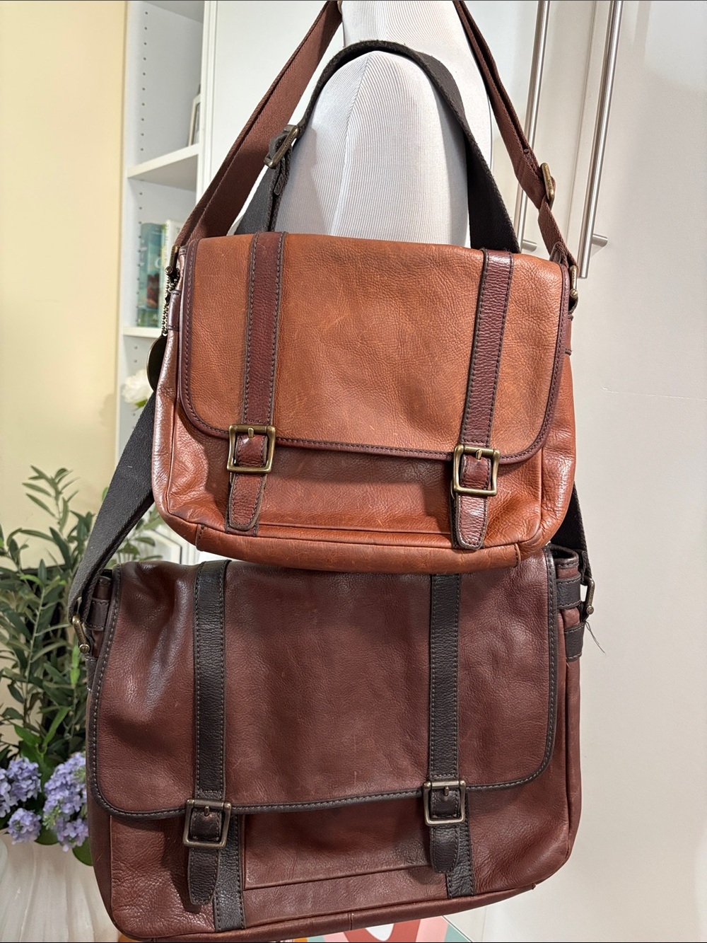 Fossil Brown Leather Messenger Bag Set - Large and Medium (Two-Tone)